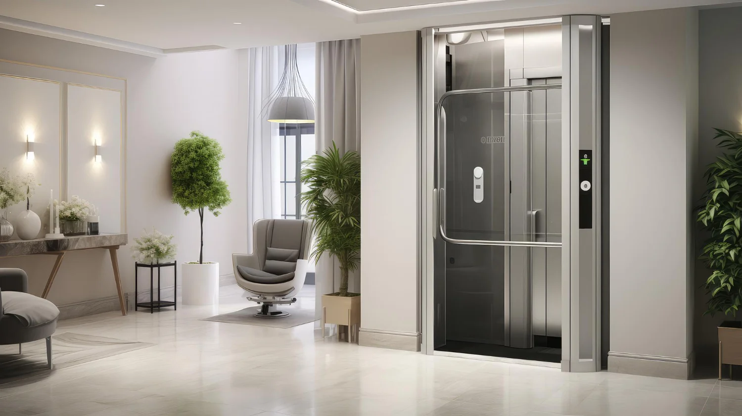 Compact glass home elevator installed in a residential living room
