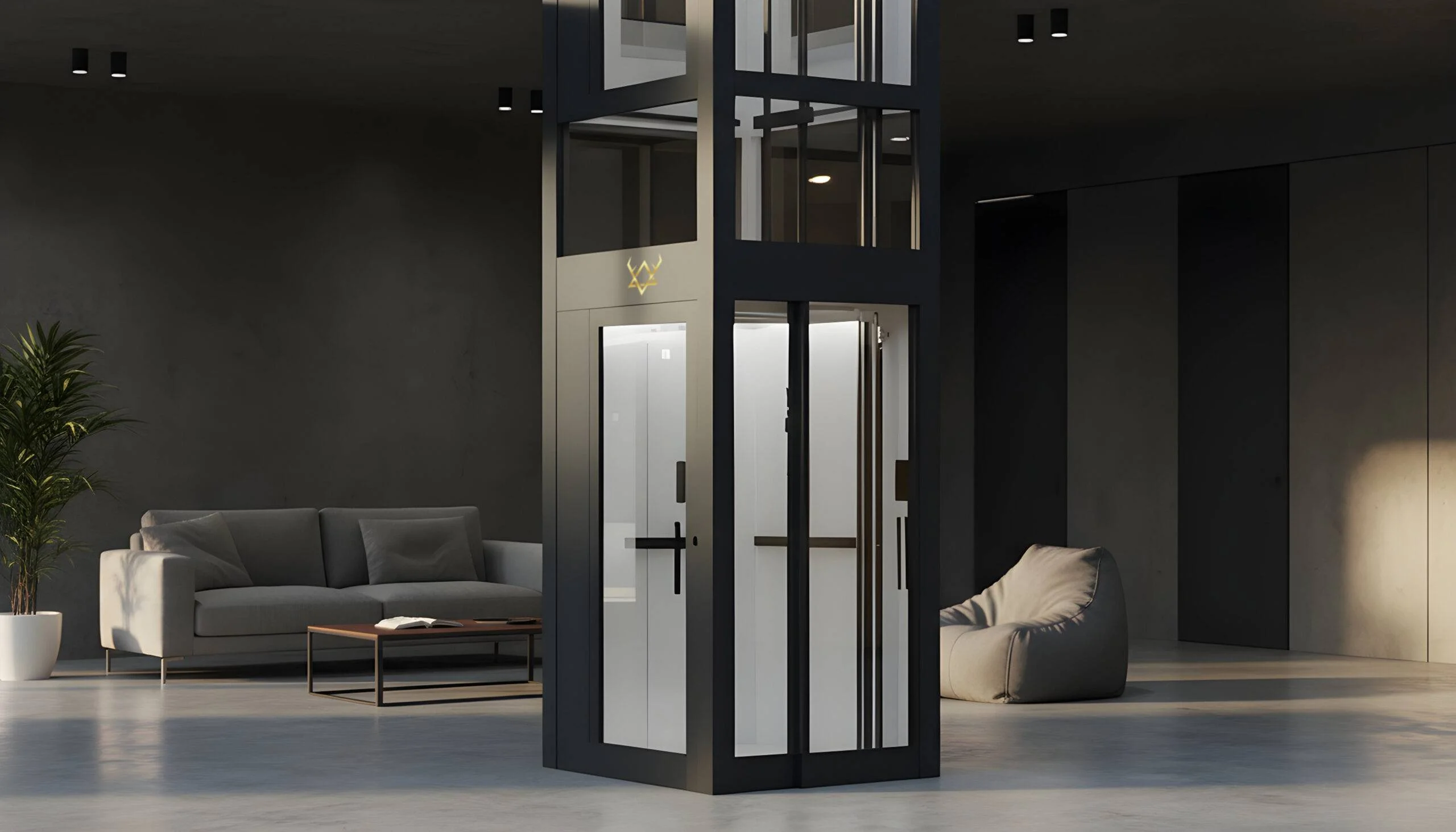 Modern glass-walled panoramic capsule elevator in a minimalist interior