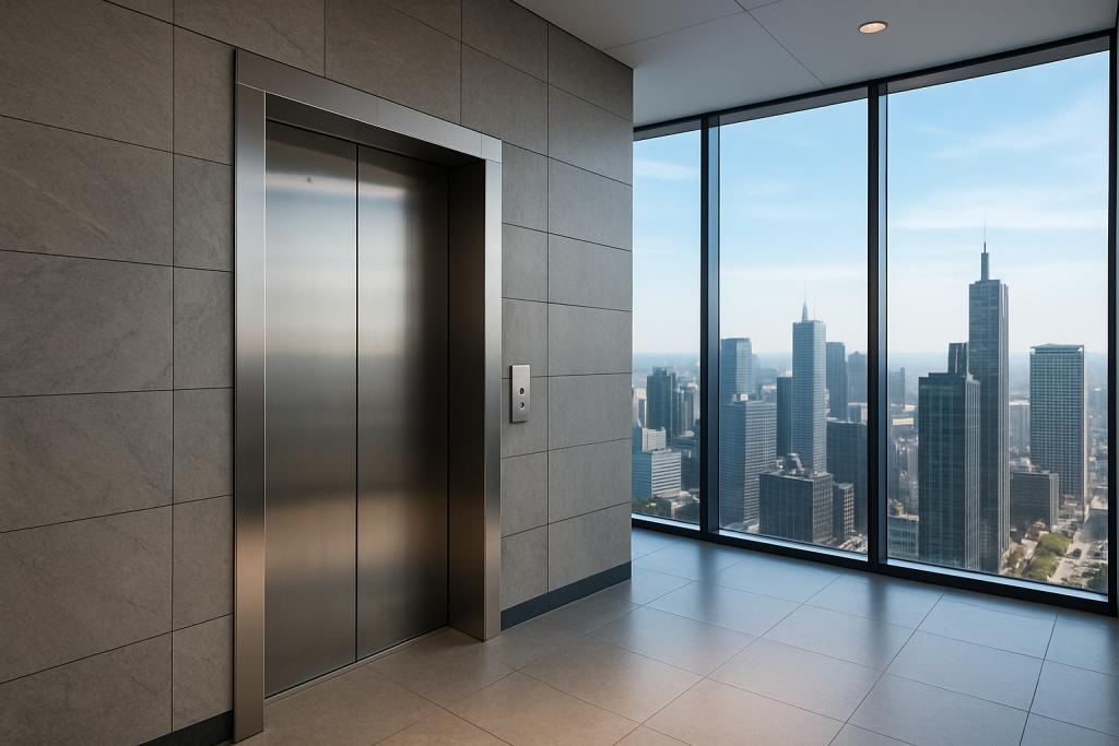 High-rise office tower elevator lobby with a floor-to-ceiling skyline view